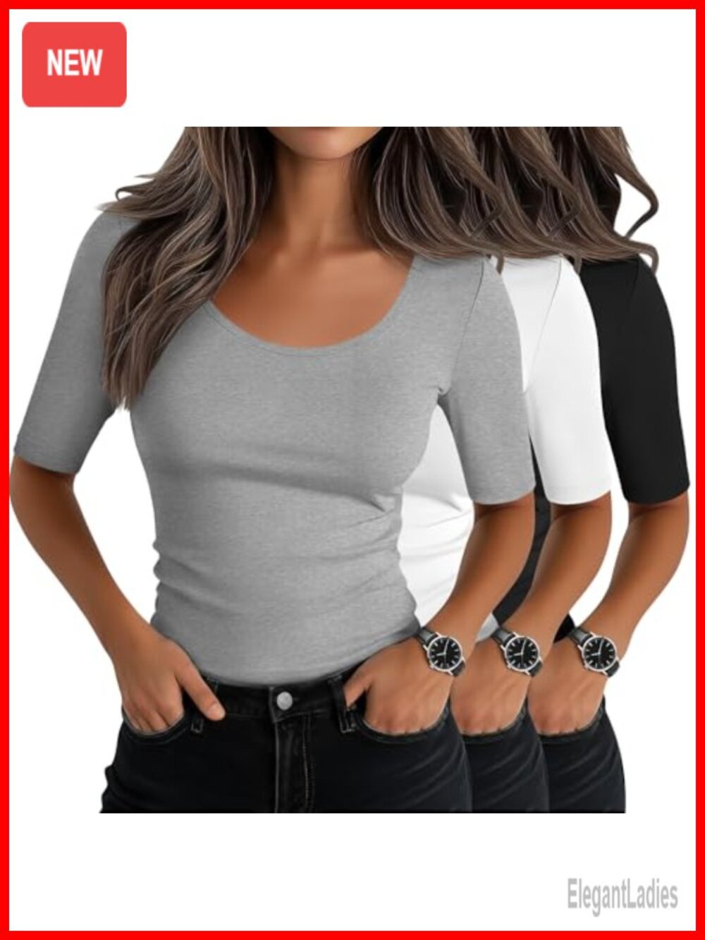 Women's Half Sleeve Fitted T-Shirts Scoop Neck Slim Fit Tops 3 Pack